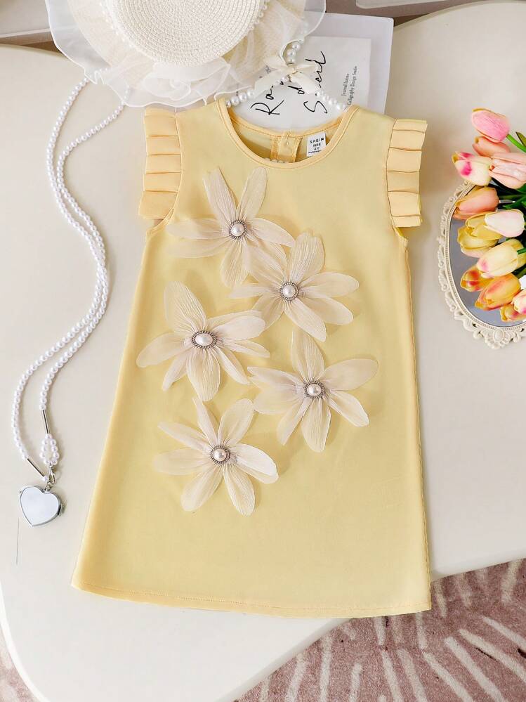 SHEIN Elegante vestido amarillo para niñas, sin mangas, con decoración de apliques florales y diseño de botones con perlas, ropa de elegante para niñas jóvenes en verano - Amarillo - Añade 1