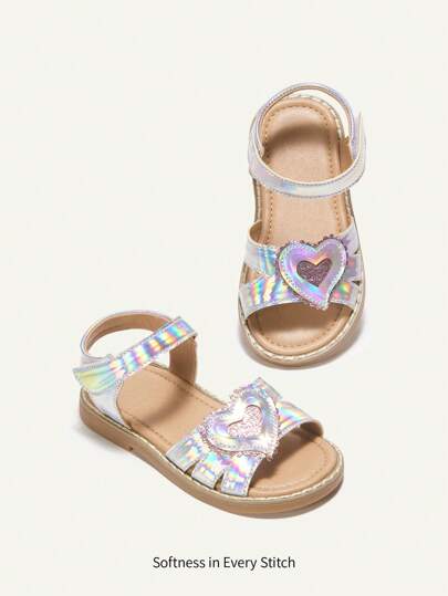 SHEIN 1 双时尚基本款可爱轻便舒适心形设计平底凉鞋，适合小女孩，夏季