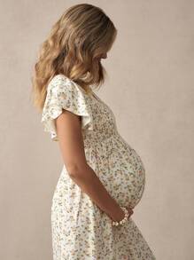 Boho Mama Boho Ditsy Floral Maternity Dress, Romantic For Vacation, Commuting - Apricot - View 3
