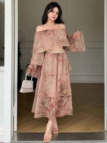 DAZY 2pcs Set Women Full Floral Off Shoulder Ruffle Shirt And Peplum Skirt,Fall Women Clothes