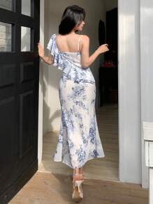 DAZY 1pc Women's Midi Asymmetric V-Neck Ruffle Hem Floral Dress Easter - Blue - View 2