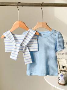 SHEIN 2 buc/Set Bebeluşă Fetiţă Nou Casual Resort Chic Elegant Albastru & Alb Tricot cu mâneci bufante, Capelet cu dungi detasabile 2 bucăţi ţinută - Albastru - Vizualizare 2