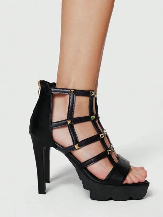 Grunge Punk Women's Black High Heel Shoes, Summer Open Toe Hollow Sexy Stilettos, Back Zipper High Ankle Sandals