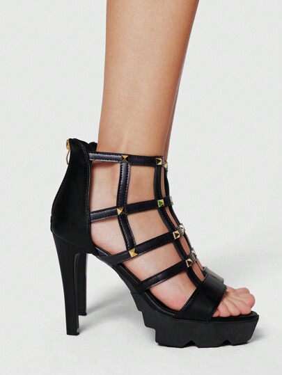 Grunge Punk Zapatos de tacón alto negros para mujer, sandalias de tacón de aguja huecas y sexys de punta abierta para verano, con cremallera posterior y tobillo alto