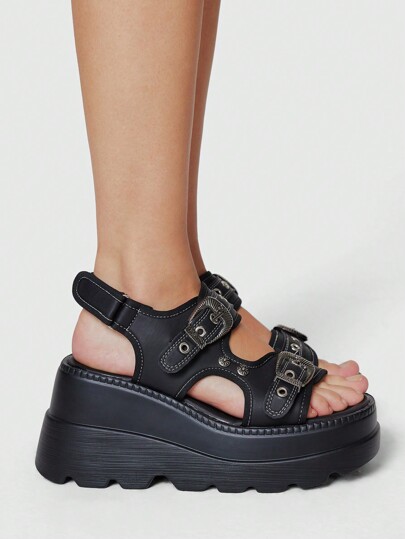 Grunge Punk Women's Gothic Punk Style Platform Sandals, Black Summer Open Toe Rivet Roman Beach Wedge Heels, Halloween