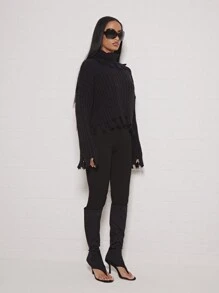 SUMWON WOMEN Distressed Turtleneck Sweater Cropped Length Ribbed Knit Fall Winter Fashion Frayed Hem Long Sleeve Pullover Casual Knitwear - Black - View 4