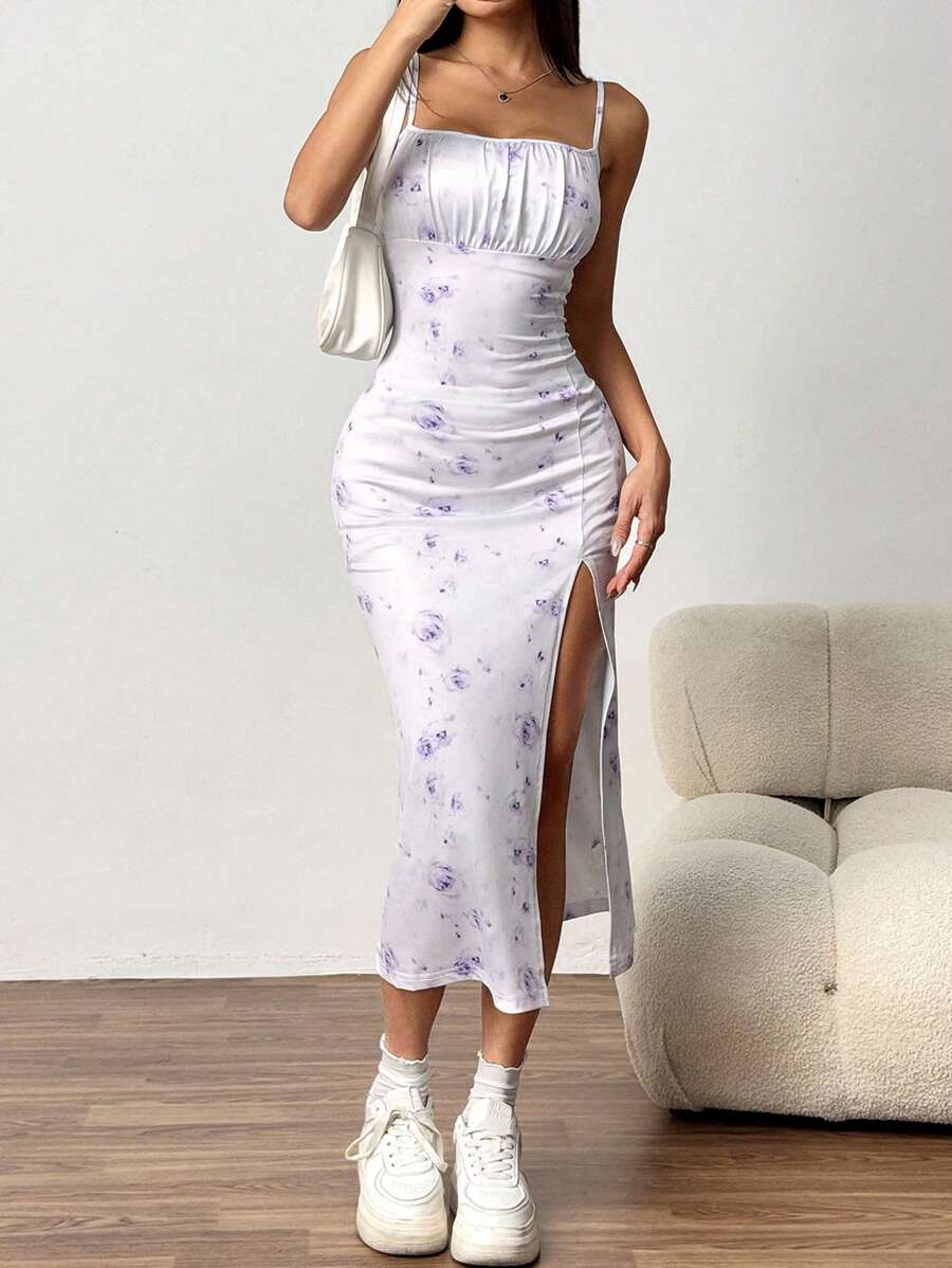 Muchica 女士花卉印花细肩带开衩下摆连衣裙