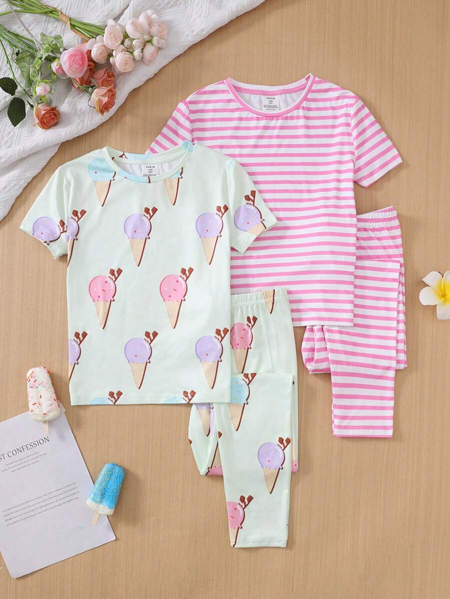 SHEIN Leap Crew 4pcs Tween Girls Set: Round Neck Short Sleeve T-Shirt & Leggings Pajama Set - Mint Green - View 1