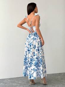 PETITE Vestido largo de mujer con aberturas altas laterales, tirantes con volantes, con fondo blanco y flores azules para vacaciones - Rojo - Ver 9