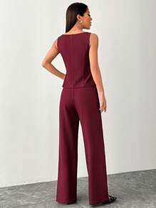 SHEIN PETITE Women's Solid Color Round Neck Single-Breasted Vest And Pants Elegant Commuter Suit, Summer Fall Women Clothes Women Set Office Wear Business Casual Women Two Pieces Outfits Fall Women Office Wear Women Set Women Blazers Set