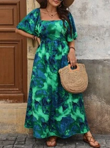 SHEIN CURVE+ 大码女式花卉印花方领荷叶边袖褶饰连衣裙