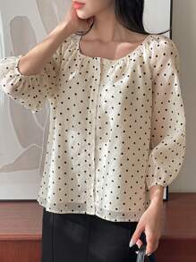 DAZY Women's Polka Dot 3/4 Sleeve Crew Neck Blouse Long Sleeve Top