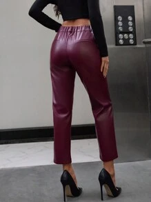EURMUSE Women's Burgundy Casual Cropped PU Pants - Burgundy - View 2