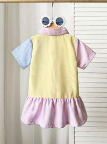 Souflis Souflis Vestido camisa de manga corta con parches y rayas para bebé niña de 0 a 3 años, de uso diario casual
