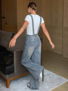 DAZY 1pc Women Vintage Washed Loose Denim Overalls/Jumpsuits - Blue - View 2