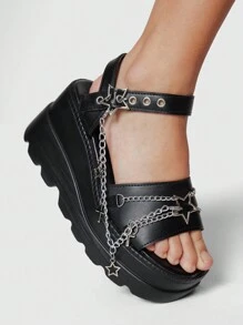 ROMWE Grunge Punk 女士黑色摇滚朋克哥特式凉鞋，夏季露趾链罗马礼服派对鞋，星形厚底坡跟凉鞋