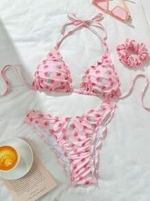 Swim Mod Springbreak Random Print Halter Ruffle Trim Bikini Top And Bottoms Women Summer Cute Beach Swimwear Set (With Hair Scrunchie) - Pink - View 1