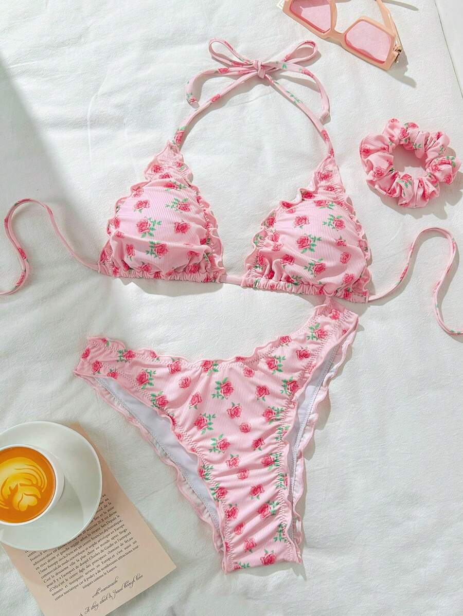 Swim Mod Springbreak Random Print Halter Ruffle Trim Bikini Top And Bottoms Women Summer Cute Beach Swimwear Set (With Hair Scrunchie) - Pink - View 1