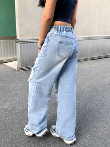 SHEIN Vintage Blue Denim Distressed Wide-Leg Jeans For Teen Girls,Kid Girls Spring And Summer Casual Vacation Country Boho Wear, Beach Outfits For Kid Girls,Western Street Wear For Teen Girl