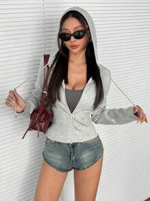 Comfortcana Women's Thin Hooded Jacket, Solid Color, Long Sleeve, Minimalist, Casual, Daily Wear - Grey - View 3