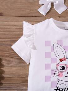 SHEIN Young Girl 2 Pieces Set: Knit Plain Cute Rabbit Graphic Round Neck Top And Woven Fitted Mini Skirt, Suitable For Easter, Baby Shower, Party, Birthday, Princess Girls Dress, School Clothes - White - View 5