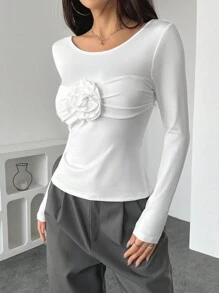 Camiseta sólida de mujer de estilo minimalista casual, adecuada para el uso diario