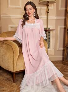 Women Lace Patchwork Bow Decor Simple Casual Sleep Dress Luxe Loungewear - Baby Pink - View 5