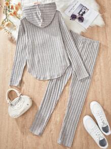 Teen Girl Long Sleeve Printed Hooded Top And Ribbed Pants 2 Pieces Set, Casual & Sweet - Apricot - View 2