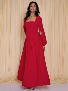COSMINA Vestido de manga larga con fruncido, rojo, estilo elegante de vacaciones para mujeres, primavera/verano