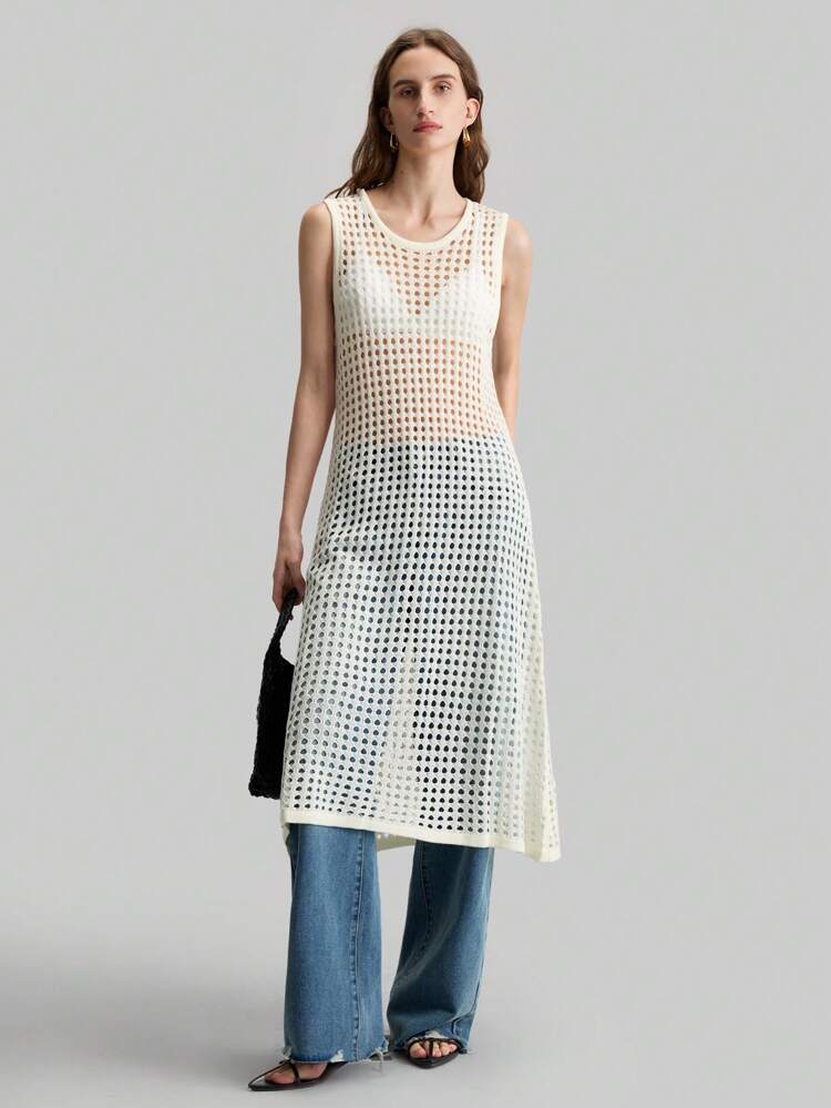 Women's Casual Solid Color Hollow-Out Knitted Sweater Dress