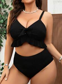 Swim Mod Set Baju Renang Tankini Ukuran Plus dengan Hiasan Pita dan Rumbai untuk Wanita, Pakaian Liburan Manis untuk Pantai, Cocok untuk Liburan Musim Panas di Pantai - Hitam - View 5