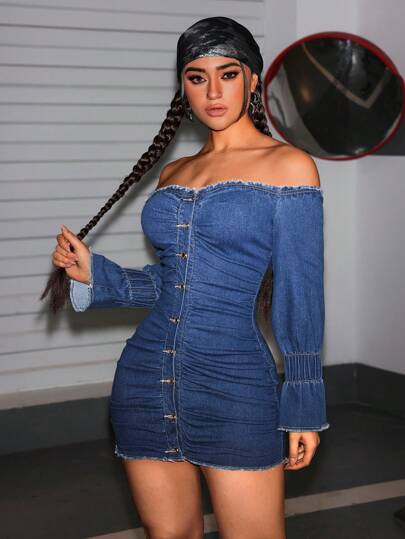 SHEIN ICON 女式前扣长袖露肩流苏下摆休闲短款牛仔连衣裙