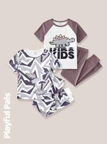 SHEIN 2pcs Young Boy Dinosaur Print Contrast Color Short Sleeve Tight Pajama Set - Multicolor - View 1