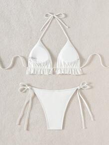 Swim Vcay 女士纯色荷叶边露背系带性感比基尼泳衣套装，夏季沙滩 - 白色 - 查看 6