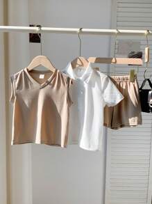 SHEIN Leap Crew 小男孩 3 件/套 杏色和白色休闲背心、翻领短袖开衫和短裤套装、适合学校和家居、适合通勤、学校、日常休闲、度假、旅行、适合运动、适合儿童服装、小男孩服装、男孩套装、男孩服装、家庭搭配服装、生日派对、适合日常、适合学校、适合运动、春夏季节。