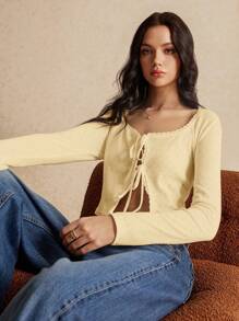 Poéselle 女士纯色系带长袖荷叶边休闲上衣 - 黃色 - 查看 3