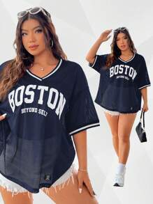 SHEIN EZwear Plus Size Solid Color Patchwork Short Sleeve Letter Print Casual Summer T-Shirt - Navy Blue - View 1