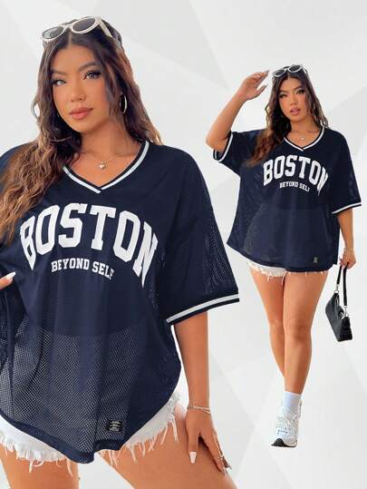 SHEIN EZwear Plus Size Solid Color Patchwork Short Sleeve Letter Print Casual Summer T-Shirt