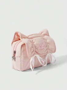ROMWE Kawaii Vintage Korean Style Cute Pink Drawstring Bow Decor Large Capacity Portable Cosmetic Bag & Pencil Case Set With Bow Zipper Pull - Pink - View 2