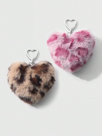 Kawaii 2pcs/Set Chic Leopard & Heart Shape Faux Fur Keychain, Fashionable Accessories Suitable For Couples, Sisters Daily Wear, Holiday Gift
