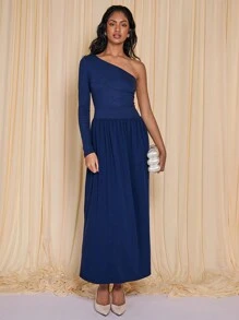 COSMINA Women's Modest Elegant Navy Blue Ruched Oblique Shoulder Dress, Spring/Summer - Blue - View 1