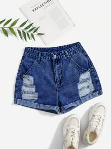 SHEIN EZwear Shorts vaqueros informales con borde deshilachado y desgastado