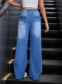 SHEIN 适合少女的时尚破洞阔腿休闲直筒牛仔裤，百搭 - 深色水洗藍 - 查看 2