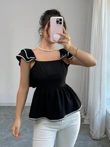 Elenzga 女士露背肩带撞色边饰休闲衬衫 - 黑色 - 查看 7