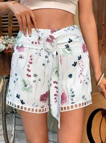 Calvaya Women's Vacation Casual Floral Print Belted Shorts