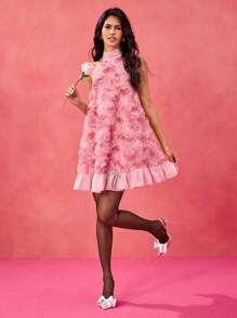 EZG Váy ngắn cổ chữ A viền bèo nhún bằng vải voan màu hồng thanh lịch của nhà thiết kế, tiệc cưới, trang phục sinh nhật, ngày lễ tình nhân, lễ hội, trang phục hòa nhạc, trang phục lễ hội rave, màu phấn, váy dạ hội - Hồng - Xem 1