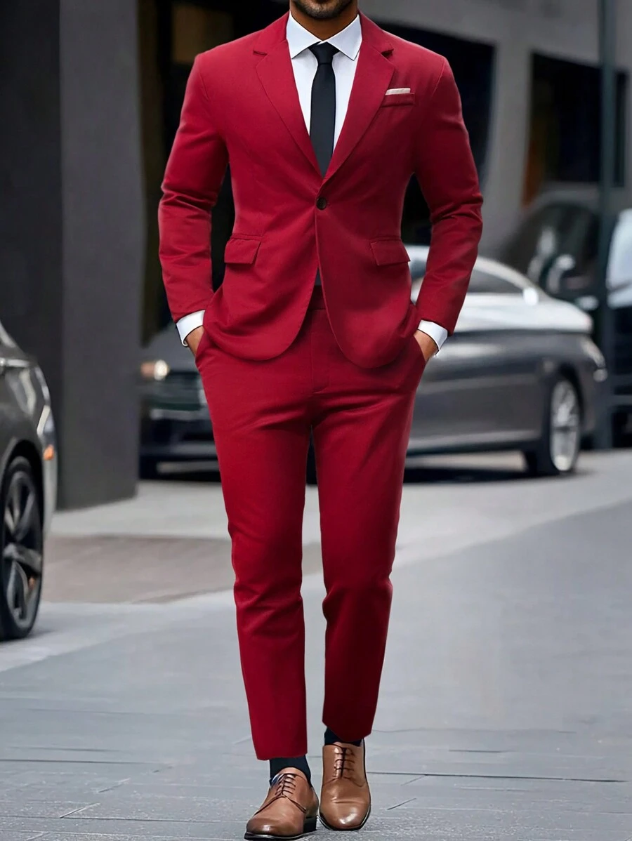 Manfinity Mode Men's Buttoned Front Long Sleeve Pocket Shirt & Pants Suit Set, Minimalist - Burgundy - View 1