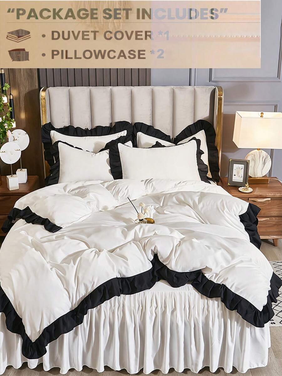 3 件套白色超柔软亲肤花卉蕾丝羽绒被套套装，1 个羽绒被套和 2 个枕套，可机洗 - 白色 - 查看 1