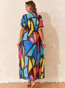 SHEIN Swim Springbreak Women's Vacation Beach Floral Print Short Sleeve Batwing Sleeve Dress Cover Up Cover-Up Kimono - Blue - View 2