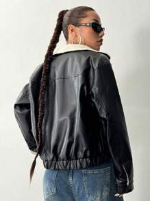 StreetHx Plush Patchwork Front Zip Pockets Faux Leather Pilot Jacket - Black - View 2